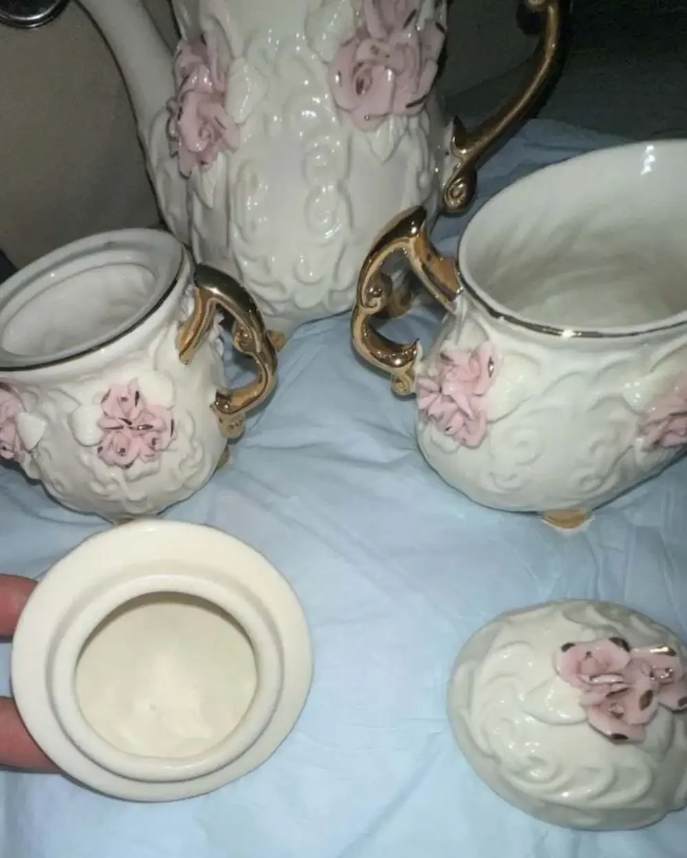Vintage Cracker Barrel 3-Piece Porcelain Tea Set with Pink Roses and Gold Trim
